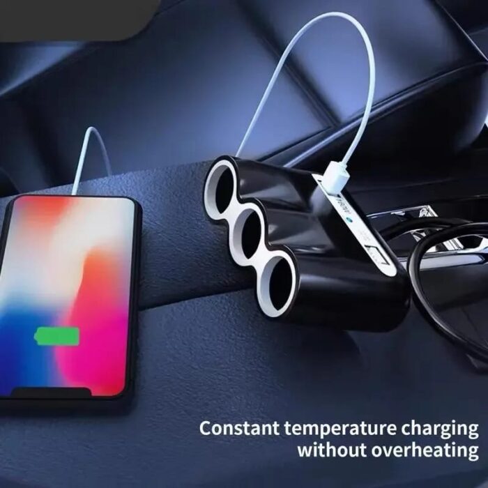 Multifunction Car Sonogo fast Charging Adaptor — 3 Pin Socket 2 USB Port - Image 1