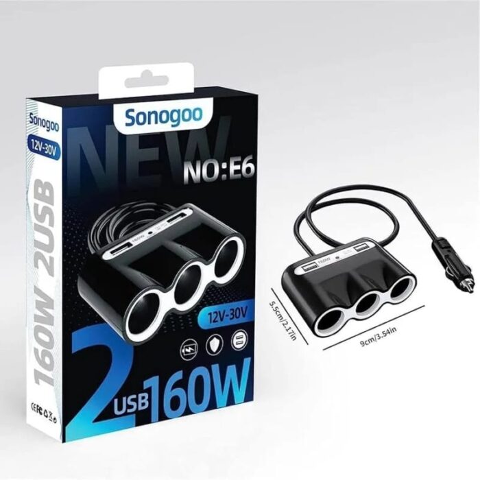 Multifunction Car Sonogo fast Charging Adaptor — 3 Pin Socket 2 USB Port - Image 4