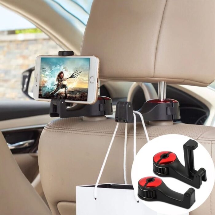 Car Headrest Hook with Phone Holder 2 in 1 | Car back Seat Hooks for Purses and Bags, 360° Rotation-2Pcs Set - Image 1