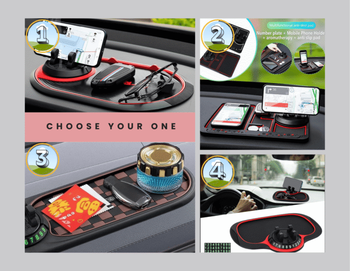 Non-Slip Phone Pad for 4-in-1 Car Multifunctional Mobile Holder, Parking Number Card, Perfume, and Mobile Mat 360 Degree Rotation and Number Plate - Image 1